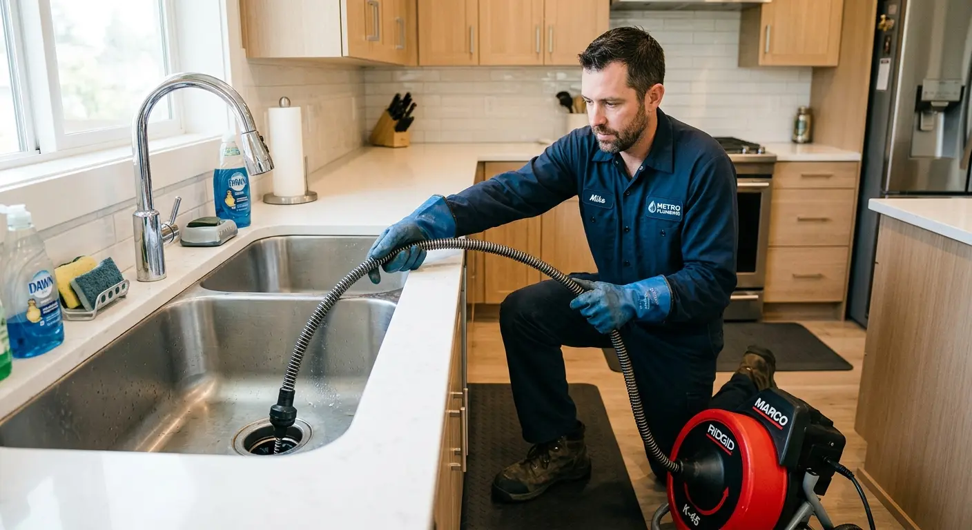 Drain cleaning technician using a motorized snake on a kitchen sink in Clayton